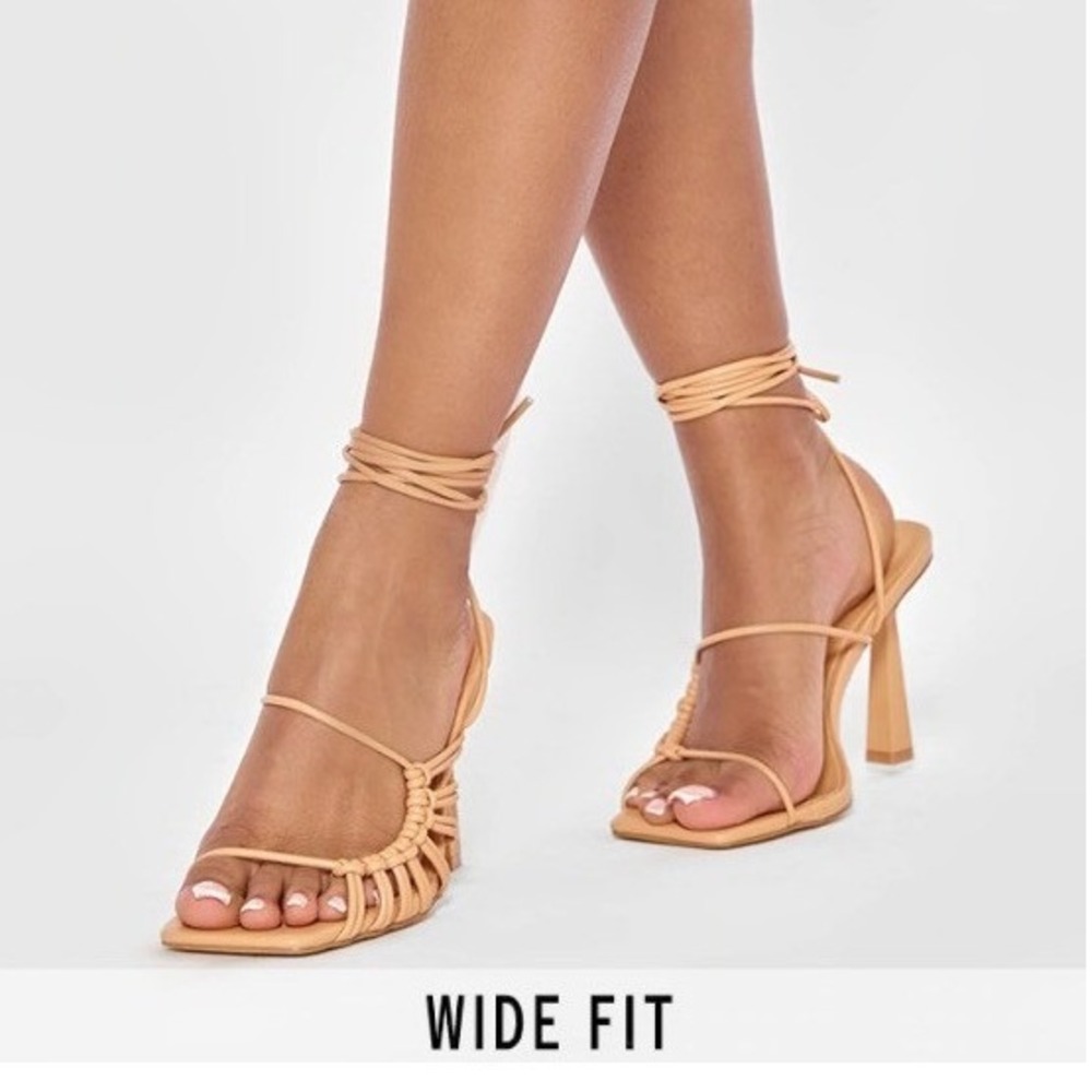 PrettyLittleThing Knot Lace Up Sandals Coral High Heel Square Toe Sexy US 6/UK 4